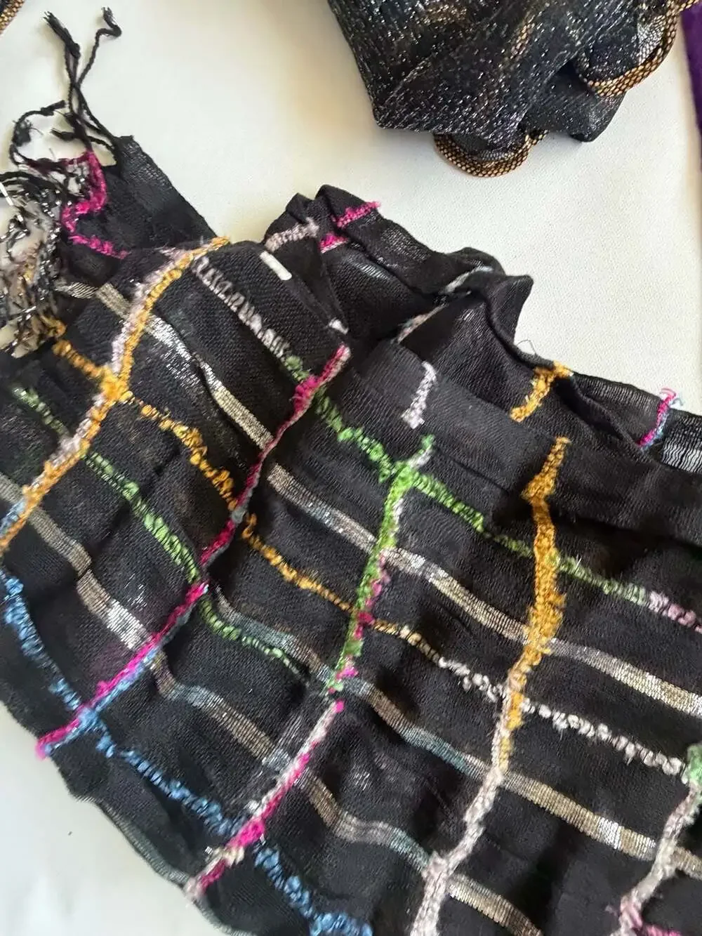 Lot 3 Scarves Black Purple Plaid Glitter Fringe Y2K Boho Womens Shawl Bundle